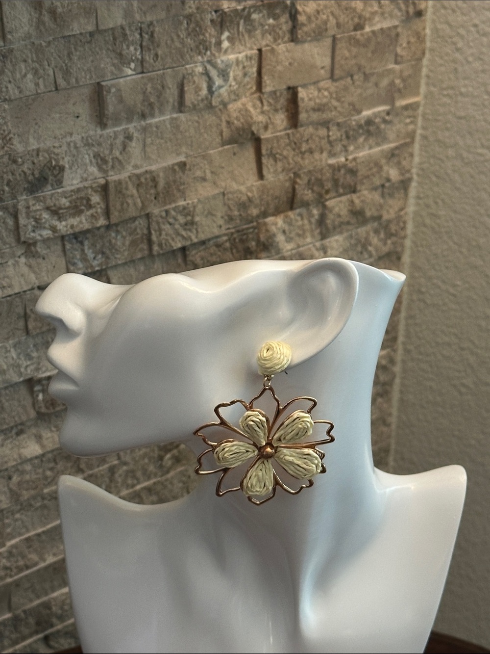 Gold Flower Drop Earrings with Cream Raffia Inlay